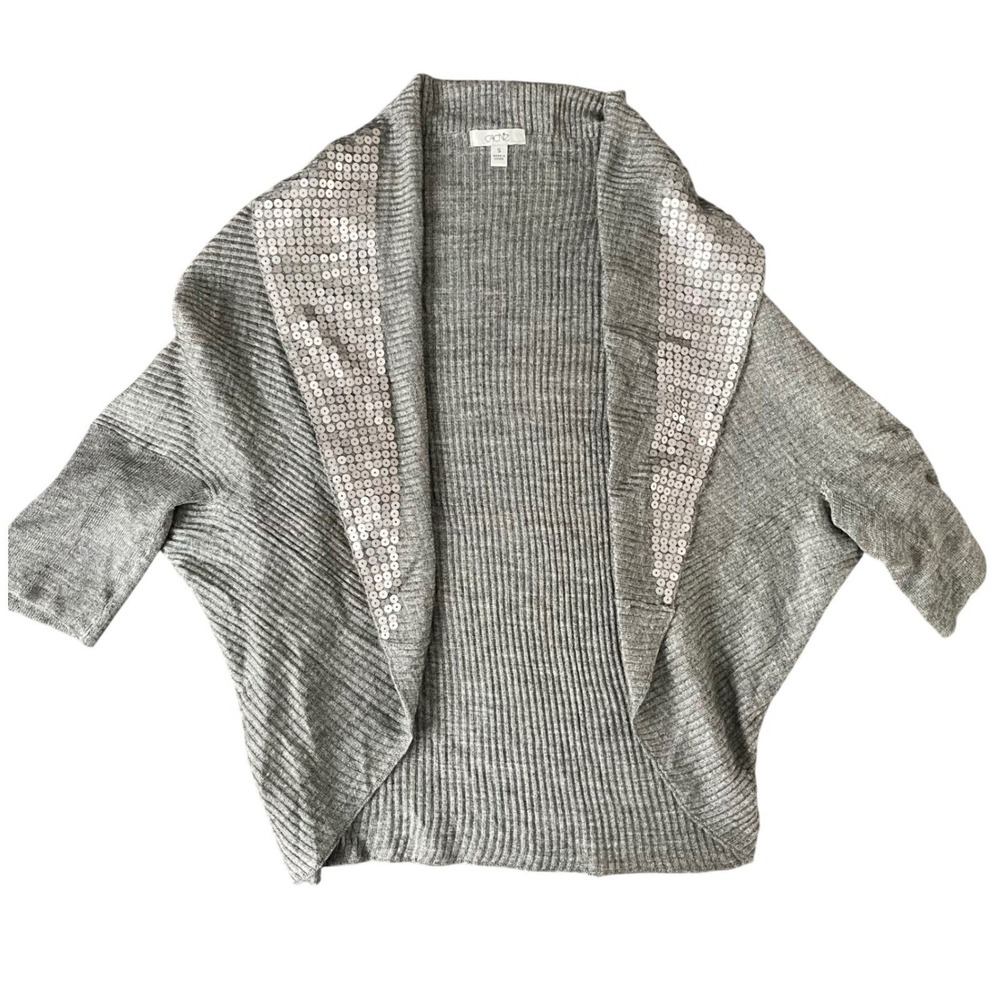 Vintage Cache Draped Open Front Cardigan Sweater Gray Wool Blend Sequin Trim S - Picture 7 of 9
